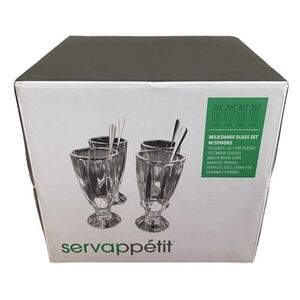 SERVAPPETIT 4x Milkshake Glasses Set 13oz w/ Long Steel Spoons New in Box